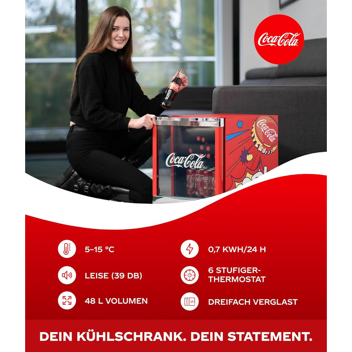 Холодильник Coca-Cola PopArt Mini (48L) - Кольоровий міні-холодильник з дверцятами зі скла, тихий та енергоефективний. Ідеально для офісу, вечірок та геймінгу. Для напоїв.