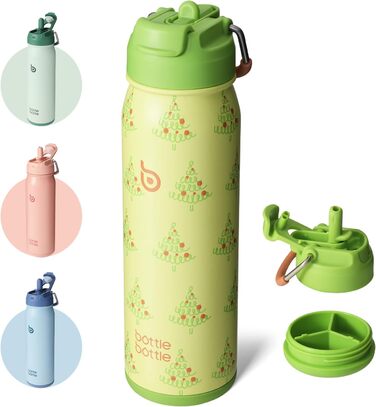 BOTTLE BOTTLE Stainless Steel Water Bottle 24oz (709ml) with Straw Handle and Pill Compartment for Outdoor, School, Insulated Sports Bottle (Tree)
