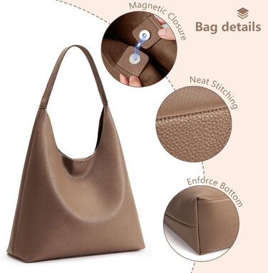 Сумка жіноча KALIDI Shopper Hobo з PU шкіри вінтажна, велика для роботи, школи, повсякденного використання, застібка - кнопка, колір кави