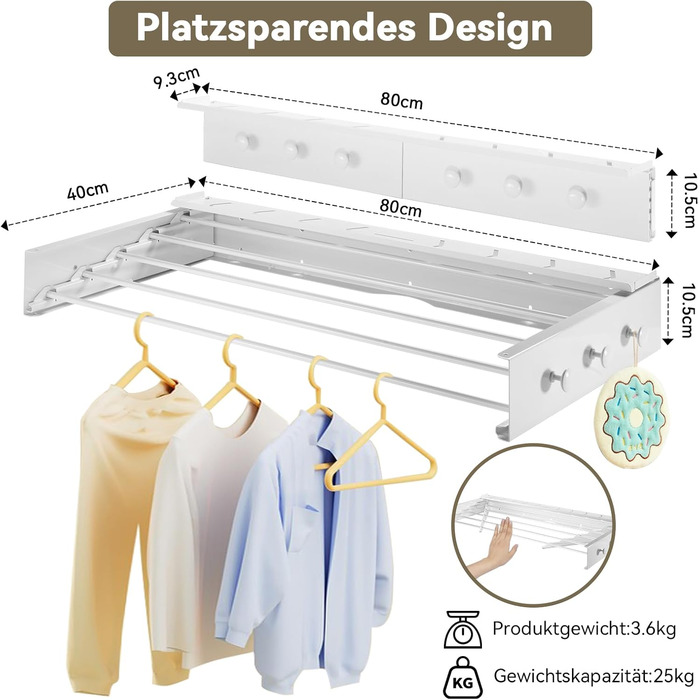 Настінна сушилка для білизни Donken, 80 см, розширювана, для ванної, балкону, тераси, біла
