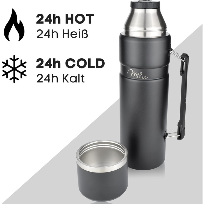 Термос Milu Thermoskanne 1L: ізольована фляга з нержавіючої сталі, 1000 мл, чорний колір. Безпечна, з подвійними стінками.