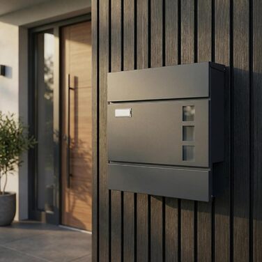 Поштова скринька BASI з м'яким закриттям, оглядовим вікном та табличкою для імені, DIN A4, з 2 ключами, вбудованим відділенням для газет, антрацит, настінна (H37x37x10.4 см)