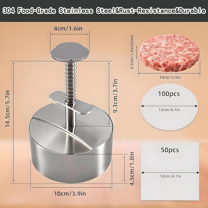 Прес для бургерів з нержавіючої сталі 304, регульований, з папером для бургерів (150 шт.)