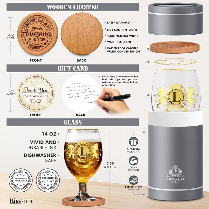 Пивний келих CROWNLY CRYSTAL® з гравіюванням для чоловіків: Персоналізований подарунок татові, дідусю, другу на день народження (S/L)