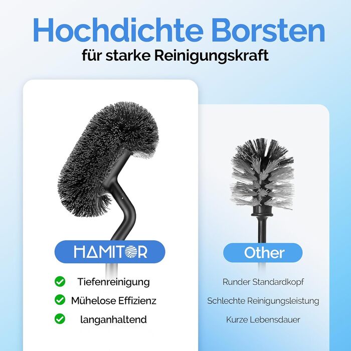 Набір для чищення унітазу HAMITOR з нержавіючої сталі: щітка для унітазу з кріпленням на стіну без свердління, для глибокого очищення під краєм, з швидковисихаючим підставкою, довга ручка, чорний, 1 шт.