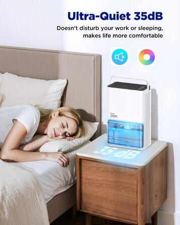 EasyAcc Електричний осушувач повітря 2000мл, продуктивність 500-650мл/день, 3 режими, автоматичне відтанення, LED-підсвітка 7 кольорів, автовимкнення, для приміщень до 20 м²