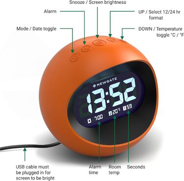 NEWGATE® Digital Centre of the Earth Alarm Clock (Orange with Black LCD Display)
