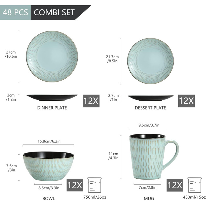 Stoneware Combination Service, vancasso GUTO Tableware Service, 48-piece Dinnerware Set with 12 Dinner Plates, Dessert Plates, Bowls, and Cups for 12 People