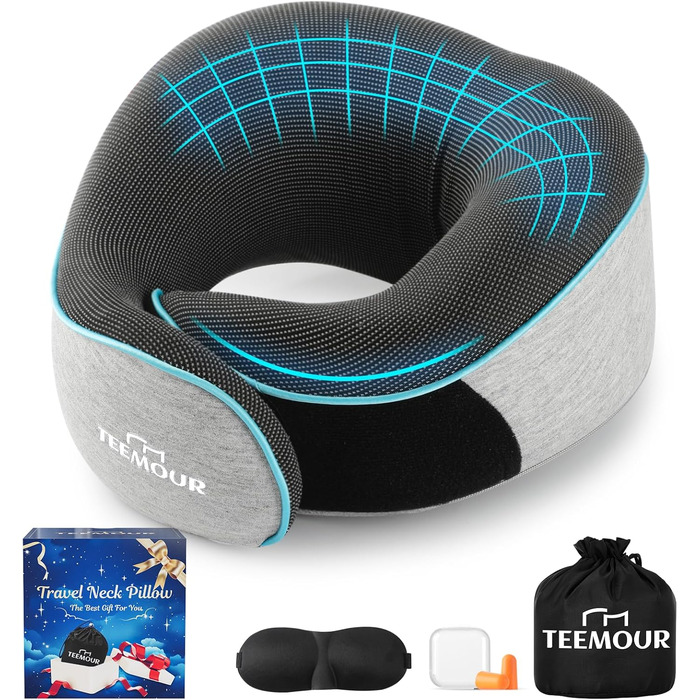 Подушка для шиї у літак Memory Foam з підтримкою 360°, набір для подорожей (очна маска, навушники, чохол), сіра