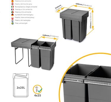 Відро для сміття на кухню Emuca з нижнім кріпленням, 2 висувні контейнери по 20 л, загальний об'єм 40 л (2 x 20 л), сталь та пластик, сірий (антрацитовий сірий).