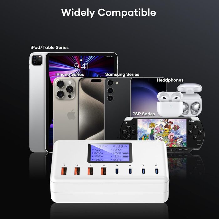 Зарядний пристрій USB-C 152W з LCD дисплеєм, 4x USB-A, 4x USB-C, швидка зарядка для iPhone 16, iPad, Samsung та інших пристроїв - Чорний