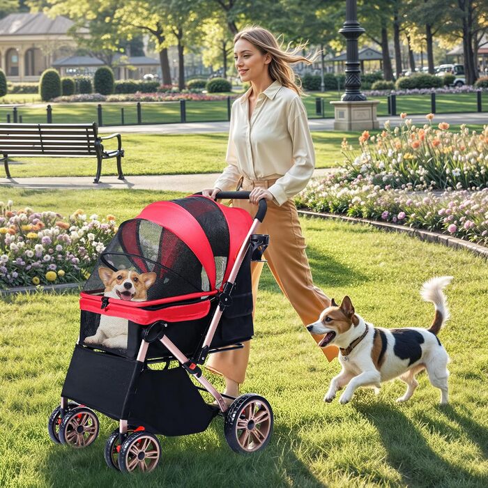 Візок для собак DWVO 3-в-1: візок, переноска, сумка. До 22 кг, EVA-колеса, відкидний кошик, сітчасті вікна, 58.5x76x105 см. Червоний колір