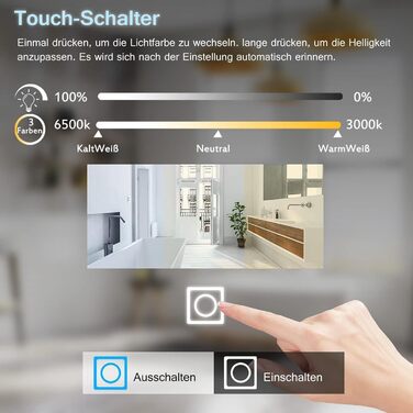 LED дзеркало для ванної кімнати LISA 70x50 см з підсвічуванням, сенсорне регулювання, антизапар, 3 кольори світла