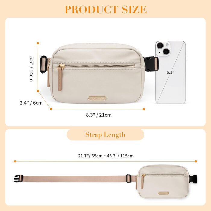 Жіноча бананка на пояс, чоловіча бананка, спортивна бананка, сумка через плече, кросбоді, бананка на регульованому ремінці, бежева, насичений абрикосовий колір, L