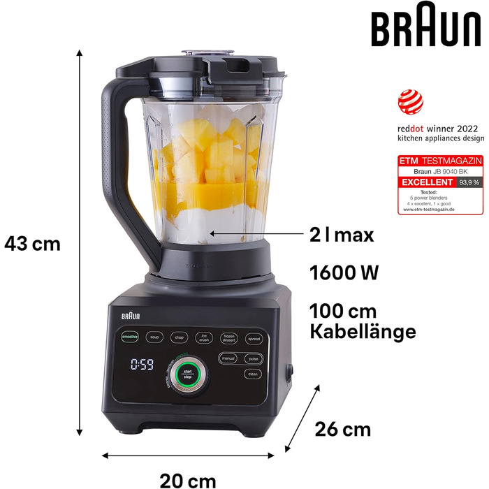 Braun PowerBlend 9 JB9040 High-Performance Blender – Stand Mixer with Glass Mixing Jug, 18 Mix Programs, 10 Speeds + Pulse Function, Hot Soup Function, Cleaning Program, Masher, 1600 W, Black
