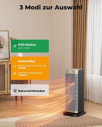 Керамічний електричний обігрівач повітря 2000W з пультом, ECO-режимом, таймером на 12г та функцією повороту 70°, золотий