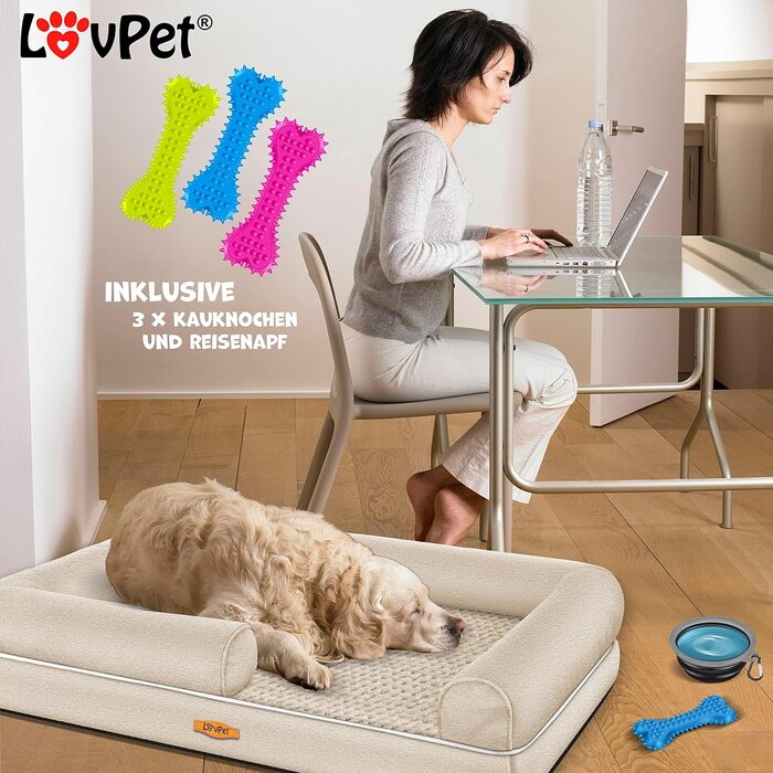 Orthopedic Dog Bed, Dog Cushion, Dog Basket, Relax, Incl. Bowl + 3x Chew Bones, Dog Sofa for Small, Medium & Large Dogs, Removable and Washable Cover, 91x71x22cm (XL (120 x 85 x 25 cm), Beige)