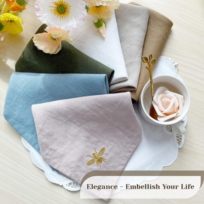DerF HOME Cloth Napkins, 100% Pure Linen, Embroidered, 18 x 18 inches (45.7 x 45.7 cm), Moss Green, Handcrafted from Flax, Machine Washable, Soft and Durable, Set of 10