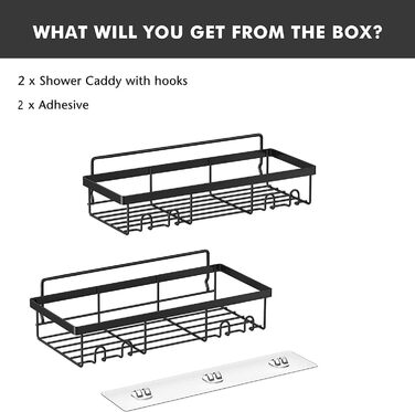 Двосекційна дзеркальна поличка для душу без свердління, 2 шт. з 8 гачками, велика місткість, для шампуню та аксесуарів (чорний)