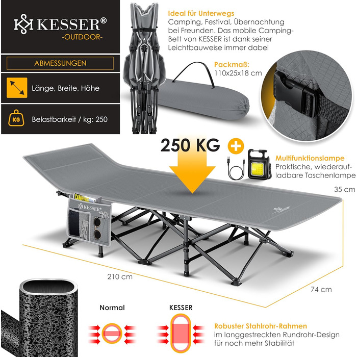 Кемпінгове ліжко KESSER®: стабільне розкладне ліжко для відпочинку на природі з сумкою, ліхтарем та кишенею. Максимальне навантаження 250 кг, сірий колір, 210 см