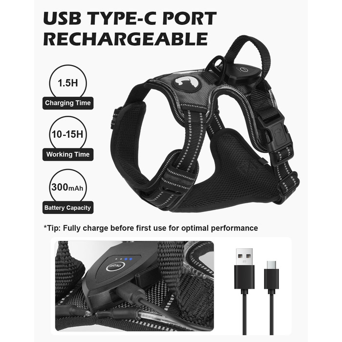 Світловідбиваючий нашийник для собак Joytale з LED, перезаряджуваний, для середніх собак, не тягне, з ручкою, регульований, для нічних прогулянок, чорно-синій, M (1 шт.)