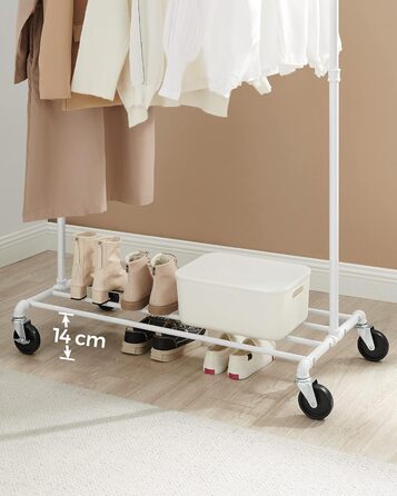 SONGMICS Clothes Rack, Garment Rod, with Wheels, Load Capacity up to 90 kg, Coat Rack with 1 Garment Rod and Shelf, Industrial Design, for Bedroom, Laundry Room, HSR61BK (White)