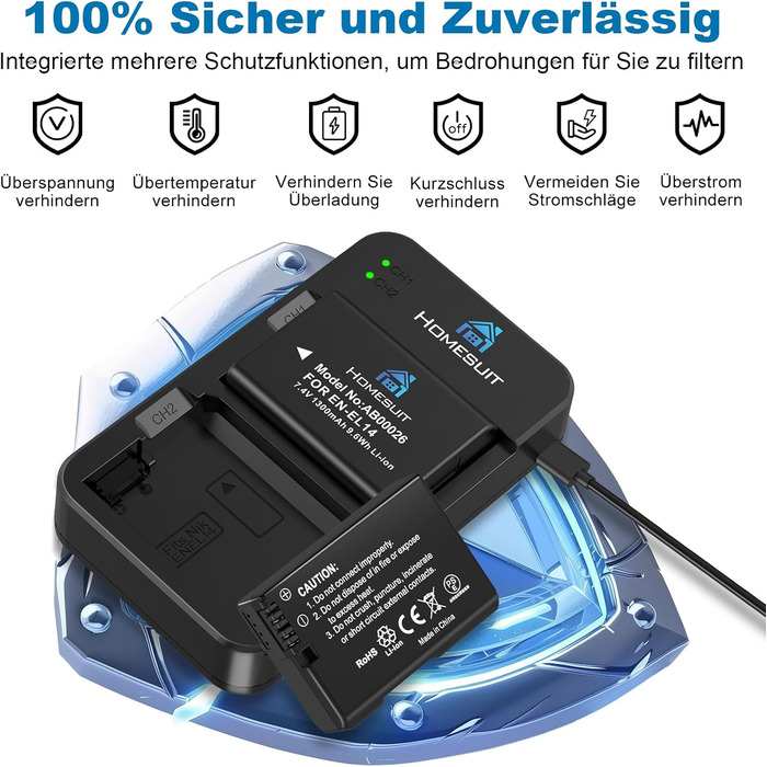 Акумулятор EN-EL14 1300mAh Homesuit + LED зарядний пристрій для Nikon D3100, D3200, D3300, D3500, D5100, D5200, D5300, D5500, D5600, Coolpix P7000, P7100, P7200, P7700, P7800 (2 шт.)