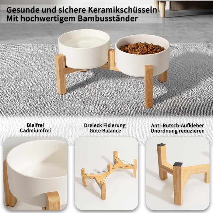 Elevated Dog Bowl Set - Ceramic Double Bowls with Non-Slip Stand - 2 Pack, 850ml Each - Ideal for Small & Medium Dogs