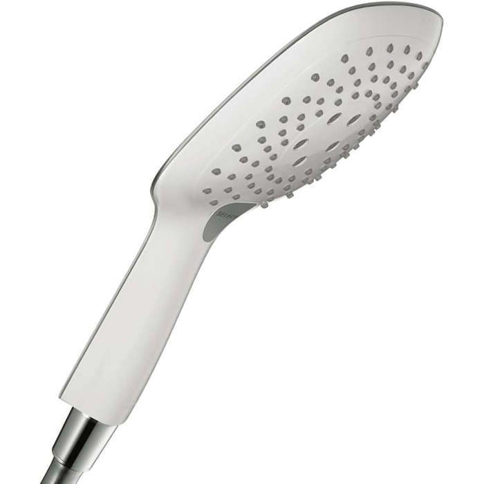 hansgrohe Raindance Select E Showerhead, Hand Shower with Square Shower Arm (150 x 150 mm), Showerhead with Anti-Limescale Function, 26550000 (3 Spray Patterns, White/Chrome)