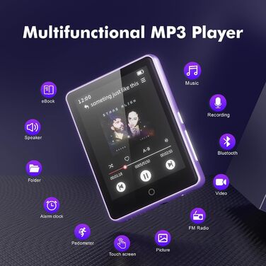 MP3 плеєр дитячий 64GB Bluetooth 5.3 з радіо, радіоприймач, MP4 плеєр, дитячий музичний плеєр з touch screen, розширюється до 128GB, фіолетовий