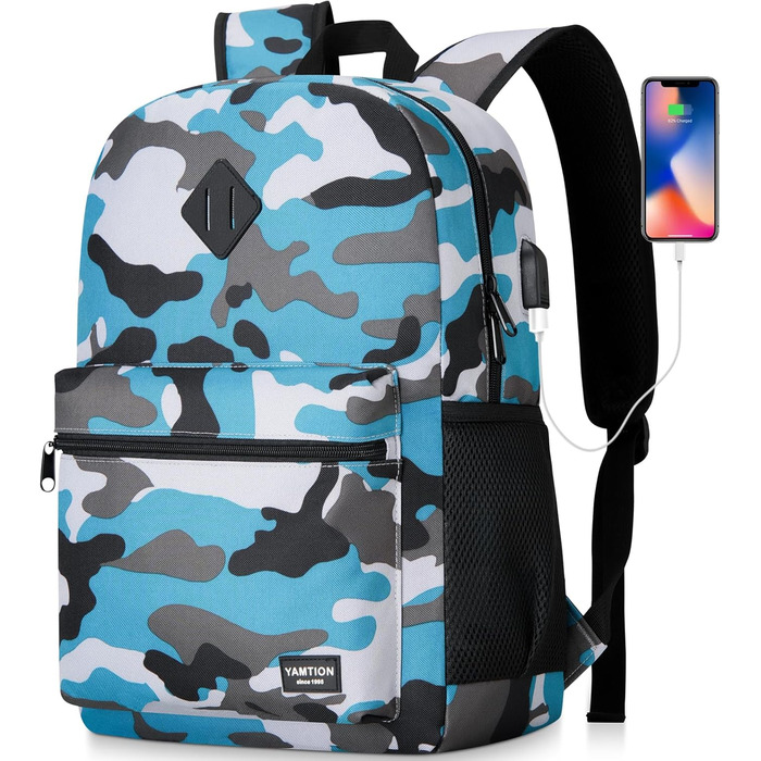 Рюкзак YAMTION 17,3 дюйма для чоловіків та жінок, шкільний, для підлітків, студентів, з USB-портом, камуфляжний синій