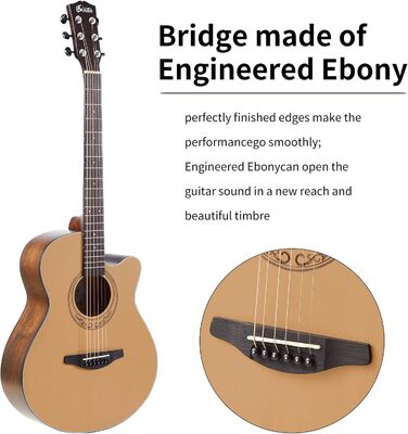 Акустична гітара Soldin 40 дюймів з масивною кришкою з ялини, комплект з аксесуарами (Gigbag, підставка, тюнер, ремінь, каподастр, струни, серветка, медіатори)