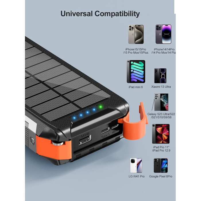 Сонячний Power Bank 26800mAh з 4 кабелями, 30W, Магнітний, USB-C, 7 портів, Ліхтар, для телефону, планшета, кемпінгу