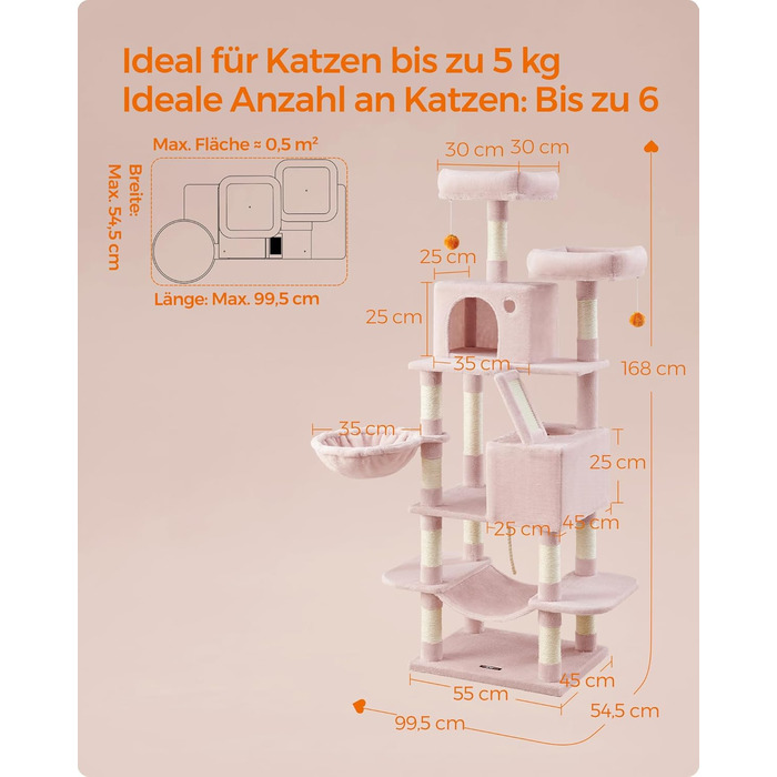 Feandrea Багатоярусний котячий комплекс з когтеточками, 168 см, рожевий, PCT165G01