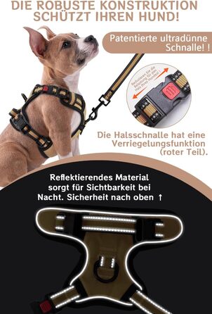 Нашийник для собак BaoCheng Anti Pull, протирвучий, малий/середній/великий, дихаюча сітка, зручне одягання/роздягання, 3 пряжки, безпечний, знімає напругу, світловідбиваючий (Хакі, S)