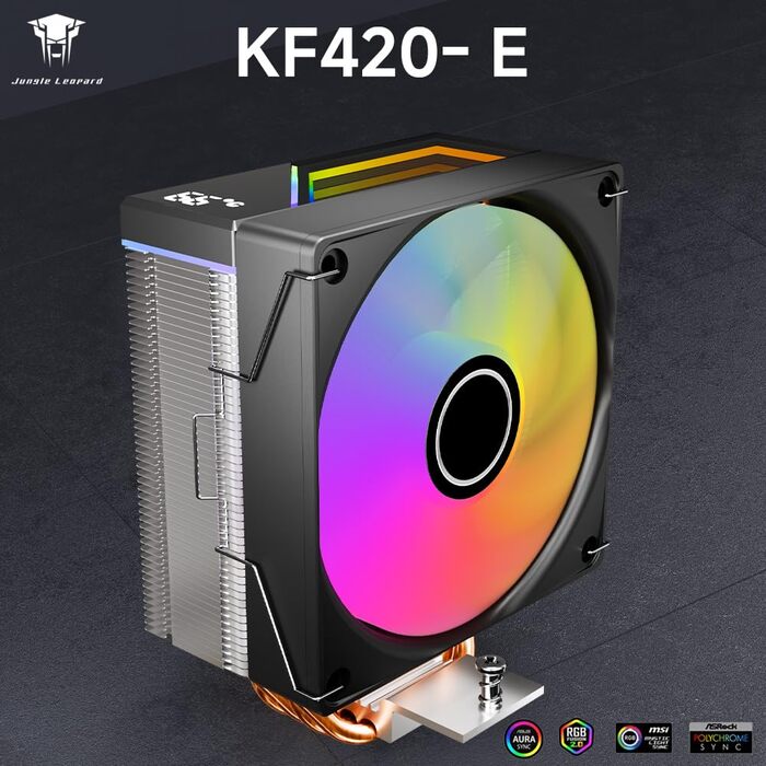 Кулер для CPU Jungle Leopard KF420E з дисплеєм температури, 4 heat pipes, 1800RPM ARGB PWM вентилятор, для LGA 115X/1200/1700/1366/2011/1851, AM4/AM5 (Чорний)