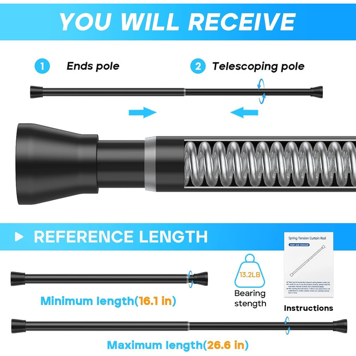 Штанга для карниза без свердління 113-196 см, телескопічна, для душу, фіранки, вікна, кухні, шафи. Набір (4 шт., 41-66 см, чорний)