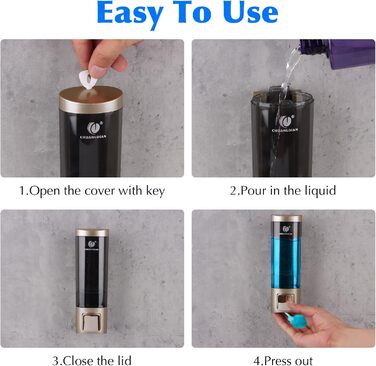 Дозатор для мила настінний без свердління REAQUE, 200 мл, для душу, шампуню, дезінфікуючого засобу, мила, золотий