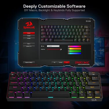 Redragon K530 Pro Draconic: Механічна ігрова клавіатура 60% з RGB-підсвічуванням, Tactile Brown Switch, Hot-Swap, для Windows/Mac/Android