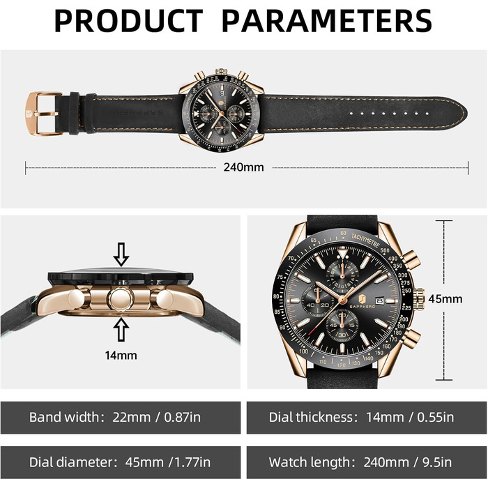 Годинник чоловічий BENYAR Chronograph з аналоговим кварцовим механізмом, шкіряний ремінець, стильний дизайн для бізнесу та спорту, водонепроникність 30M, елегантний подарунок для чоловіків (чорний ремінець/рожево-золотий корпус/чорний циферблат)
