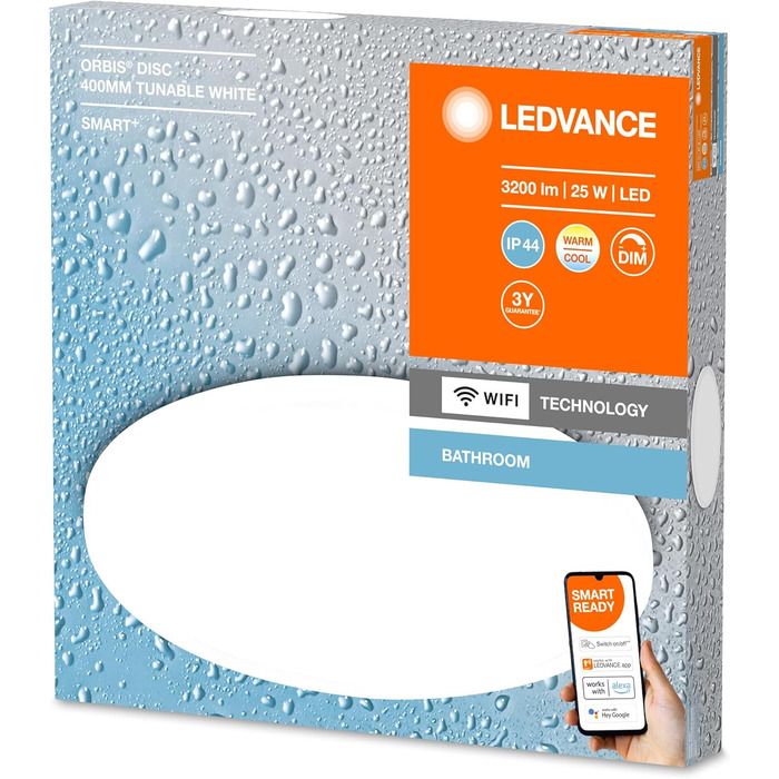 LEDVANCE Smart LED Bathroom Lamp white, 1200LM, 3000-6500K, 300mm x 70mm, IP44, Orbis Bath Bathroom Fixture with Wifi Technology, dimmable, controllable via app and voice assistants (White, 40cm, Disc)