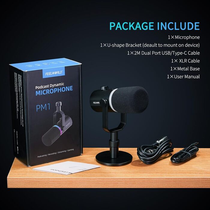 FEELWORLD PM1 Динамічний мікрофон XLR/USB з RGB-підсвічуванням для запису подкастів, геймінгу та YouTube. Комплект з підсвічуванням, навушником, підставкою та XLR-кабелем