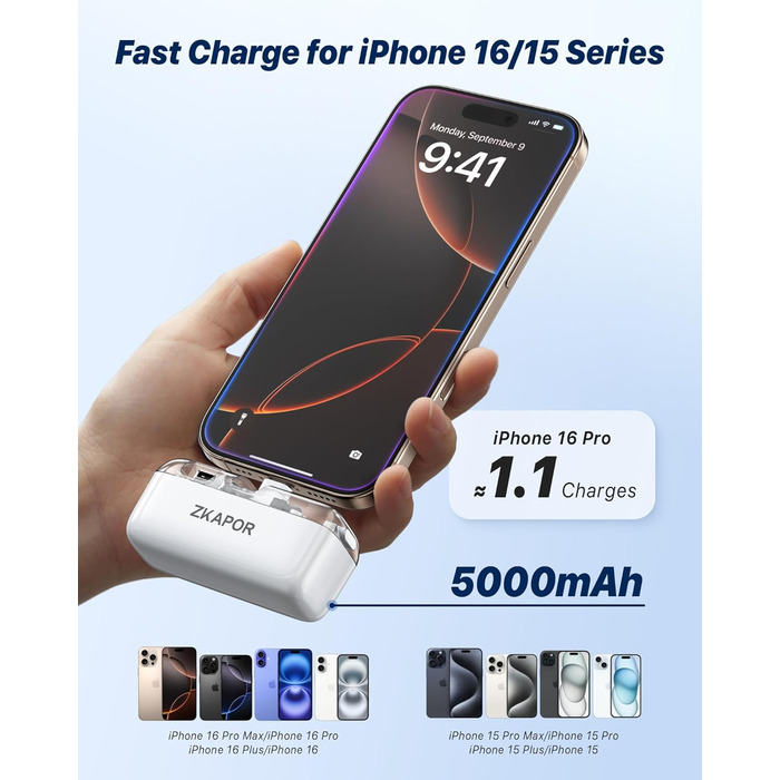 Портативний Power Bank ZKAPOR 5000mAh з USB-C, 20W PD, білий. Швидка зарядка для iPhone, Galaxy та USB-C телефонів