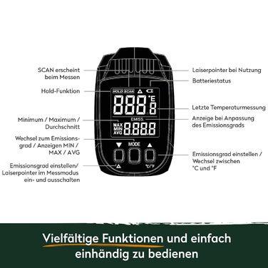 Інфрачервоний термометр BURNHARD з подвійним лазером, -50 – 550 °C, з функцією утримання, регулюванням випромінювання, для піцокаменів та грилів
