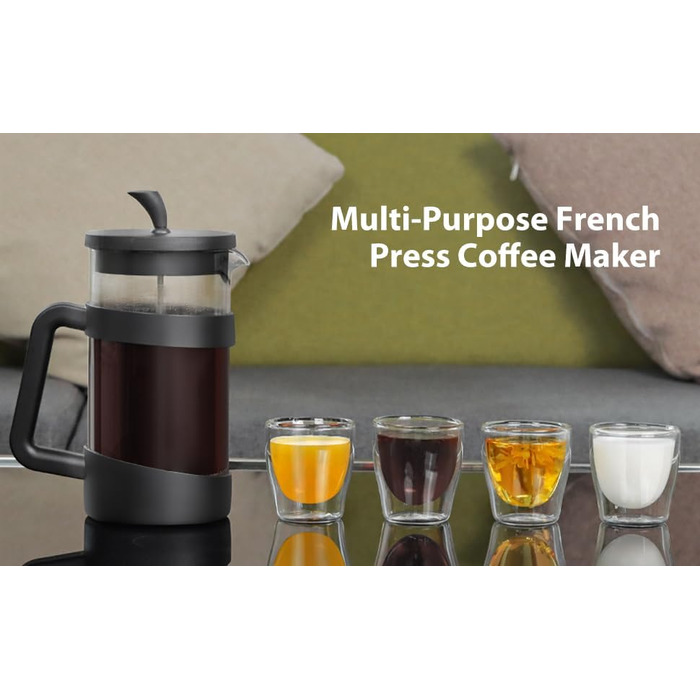 Френч-прес Sivaphe 1000 мл, чорний: кавоварка з тришаровим фільтром, термостійке скло, ложка