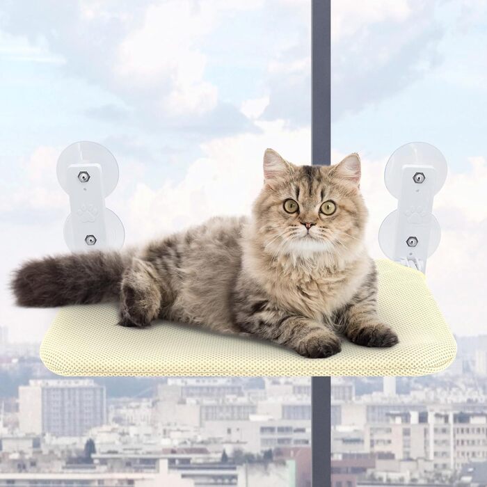 Крісло-гойдалка для котів на вікно, розкладне, з 4 присосками, міцним каркасом, дихаючим мережем (Бежевий, 45 x 30 см)