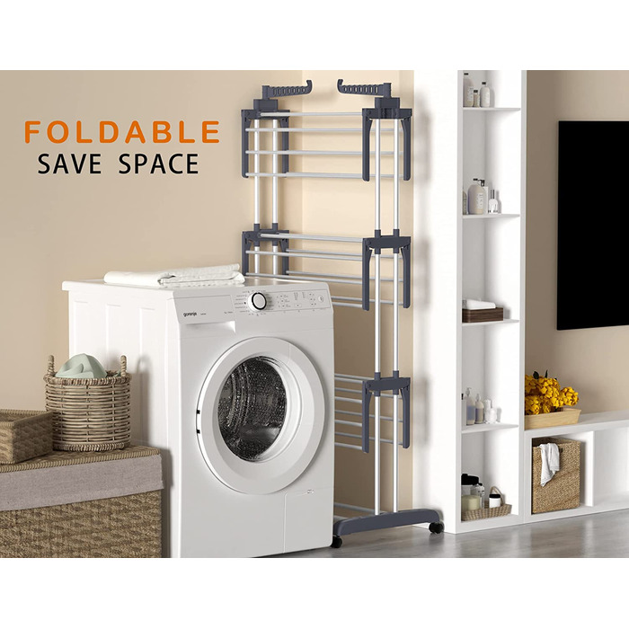 HOMIDEC Clothes Drying Rack Clothes Dryer Tower with Wheels, Space-Saving - with 6 Folding Wings and 2 Swivel Side Wings, Stainless Steel Standing Dryer Clothes Tower for Indoor and Outdoor Use, Grey Grey XL
