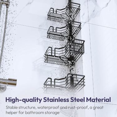 Регульована поличка для душу SWTYMIKI з нержавіючої сталі, 4 яруси, з мильницею, тримачем для зубних щіток та 4 гачками, 70-275 см, чорний (без свердління)