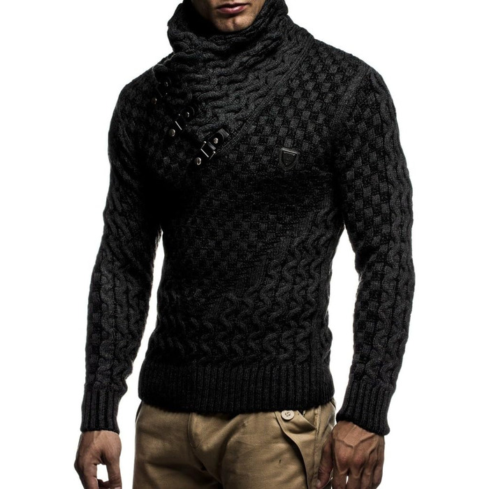 Чоловічий в'язаний светр Leif Nelson з коміром-шарфом / Якісний зимовий светр Regular Fit, ідеальний для повсякденного та ділового стилю, доступний у різних розмірах та кольорах (M, Чорний, Антрацит)