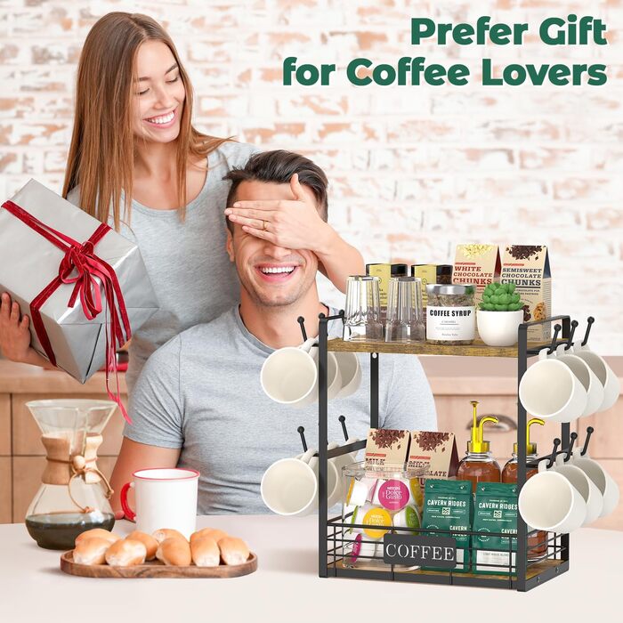 EsLuker.ly 2-Tier Mug Rack Stand for Countertop, 12 Hook Mug Shelf Wall with Storage Basket, Metal Wood Mug Stand Mug Organizer for Coffee Bar Kitchen, Vintage Brown-Black